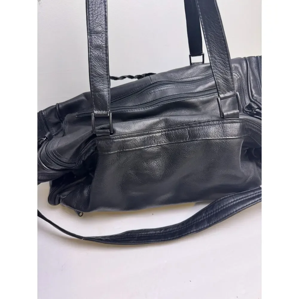 Vintage Pioneer Express Black Leather Duffel Travel Bag 18x10 Weekender